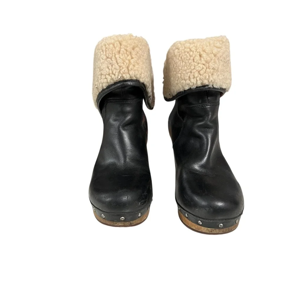 UGG Lynnea 1958 Shearling Clog Boots –‎ Black Leather Wood Heel Size 7